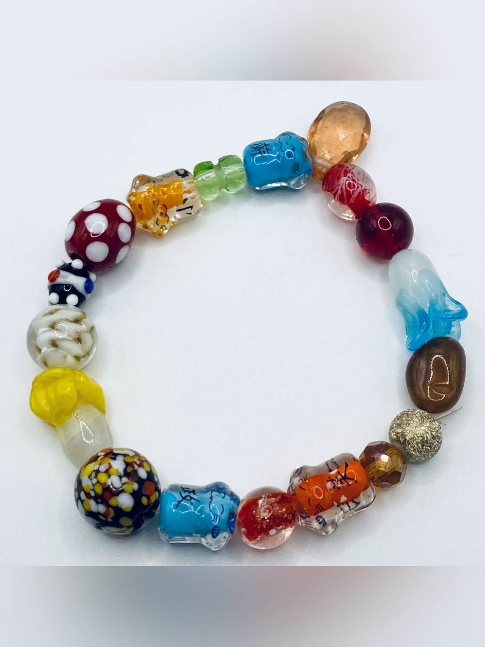 Whimsical Artisan Lampwork Glass Bead Stretch Bracelet Mixed Charm Chunky